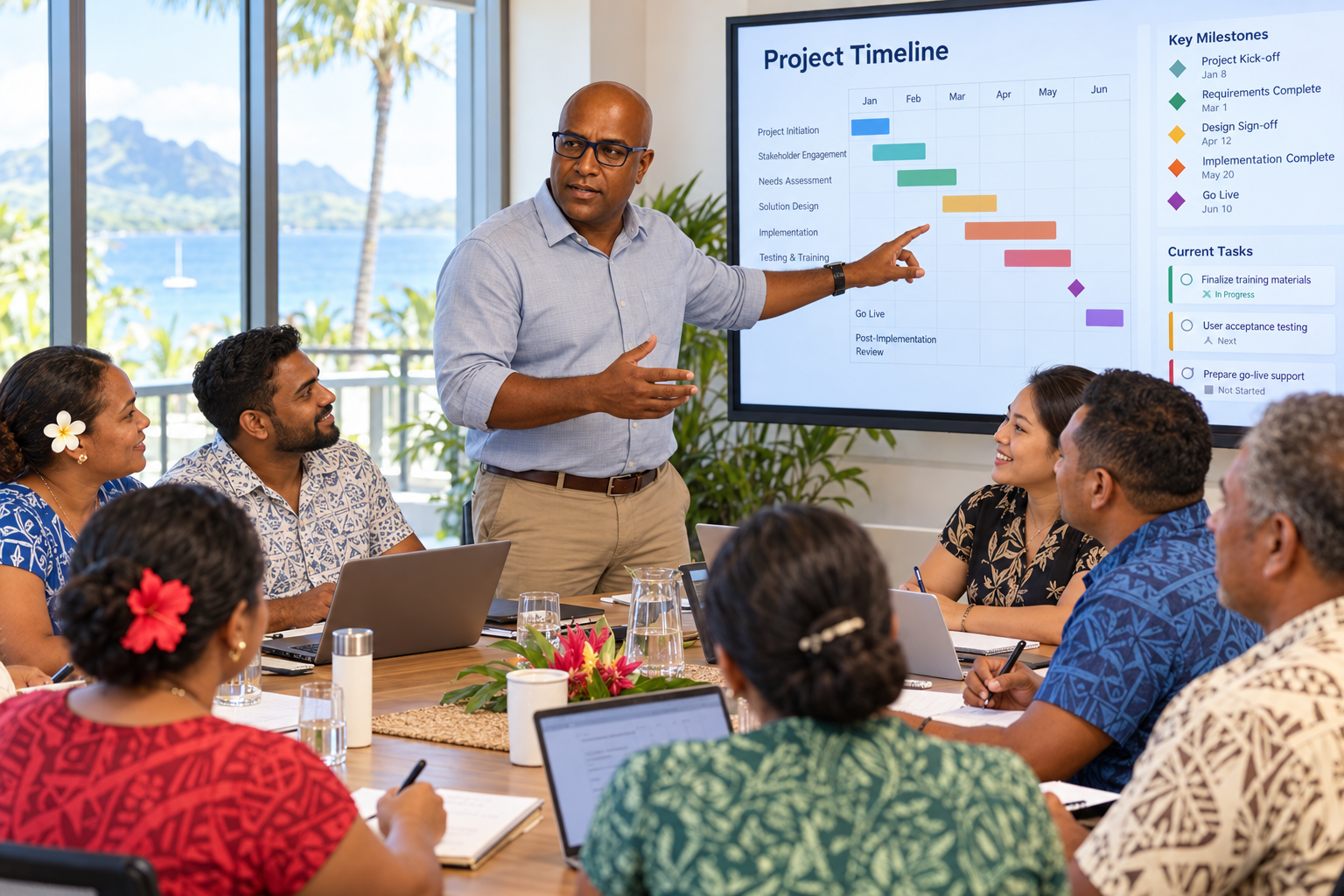 A consultant presents a project timeline to a team around a meeting table in Fiji